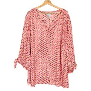 Catherines Red and Pink Diamond Print Button-Down Top Blouse Tie-Sleeves Size 4X